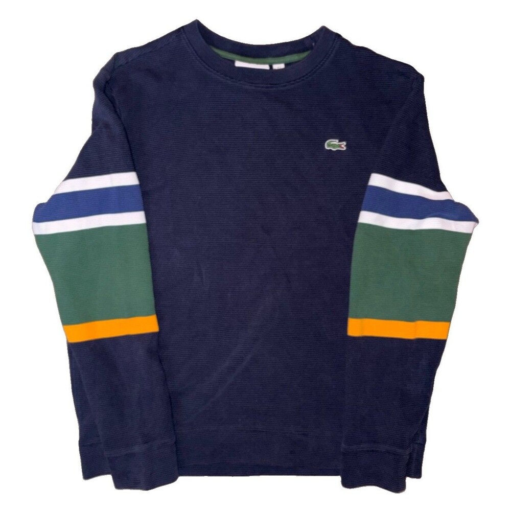 Lacoste Striped Colorblock Ribbed Ottoman Pullover Sweatshirt Navy Mens XL